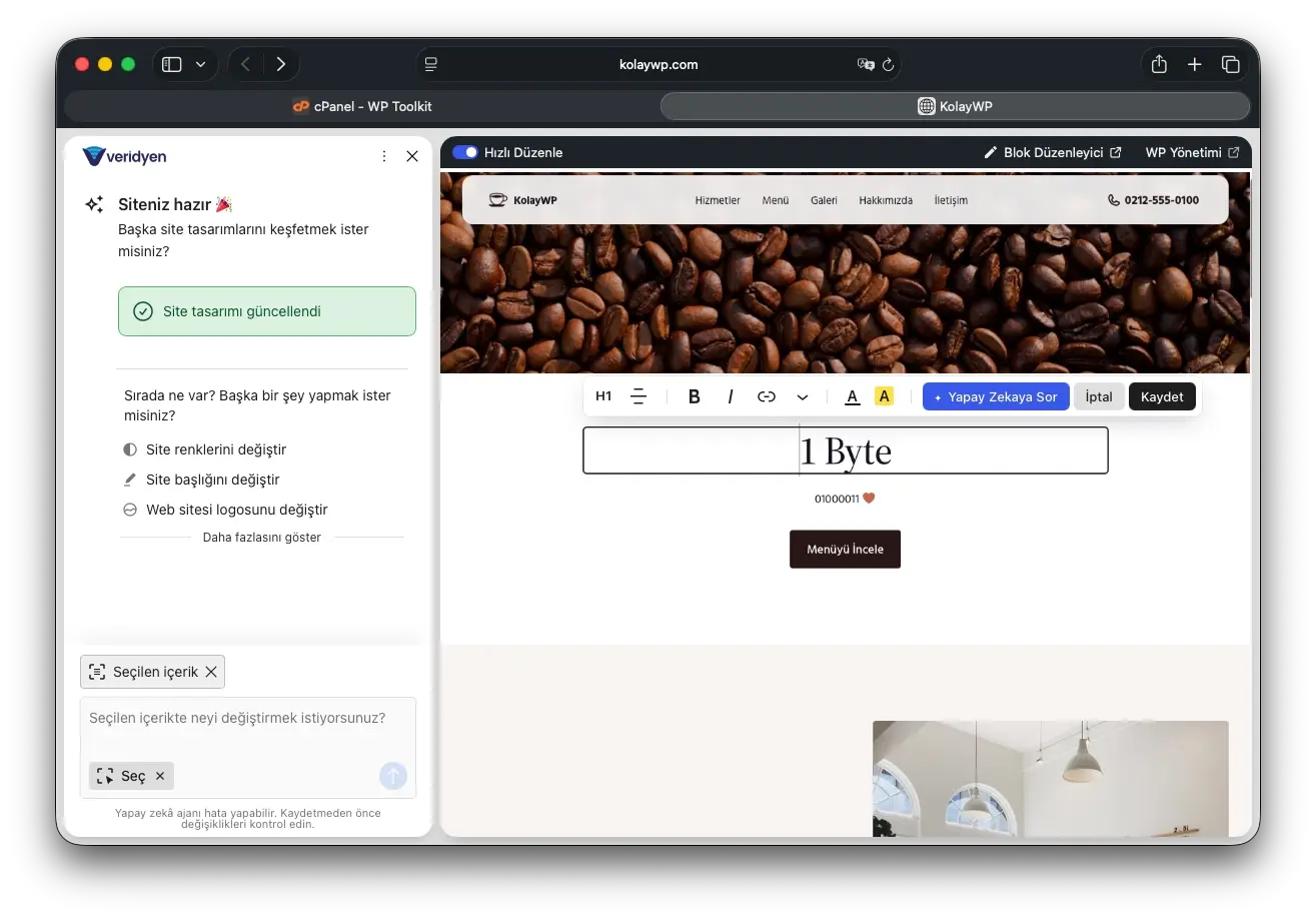 WordPress blok editöründe başlık metni düzenleniyor, Yapay Zekaya Sor butonu görünüyor