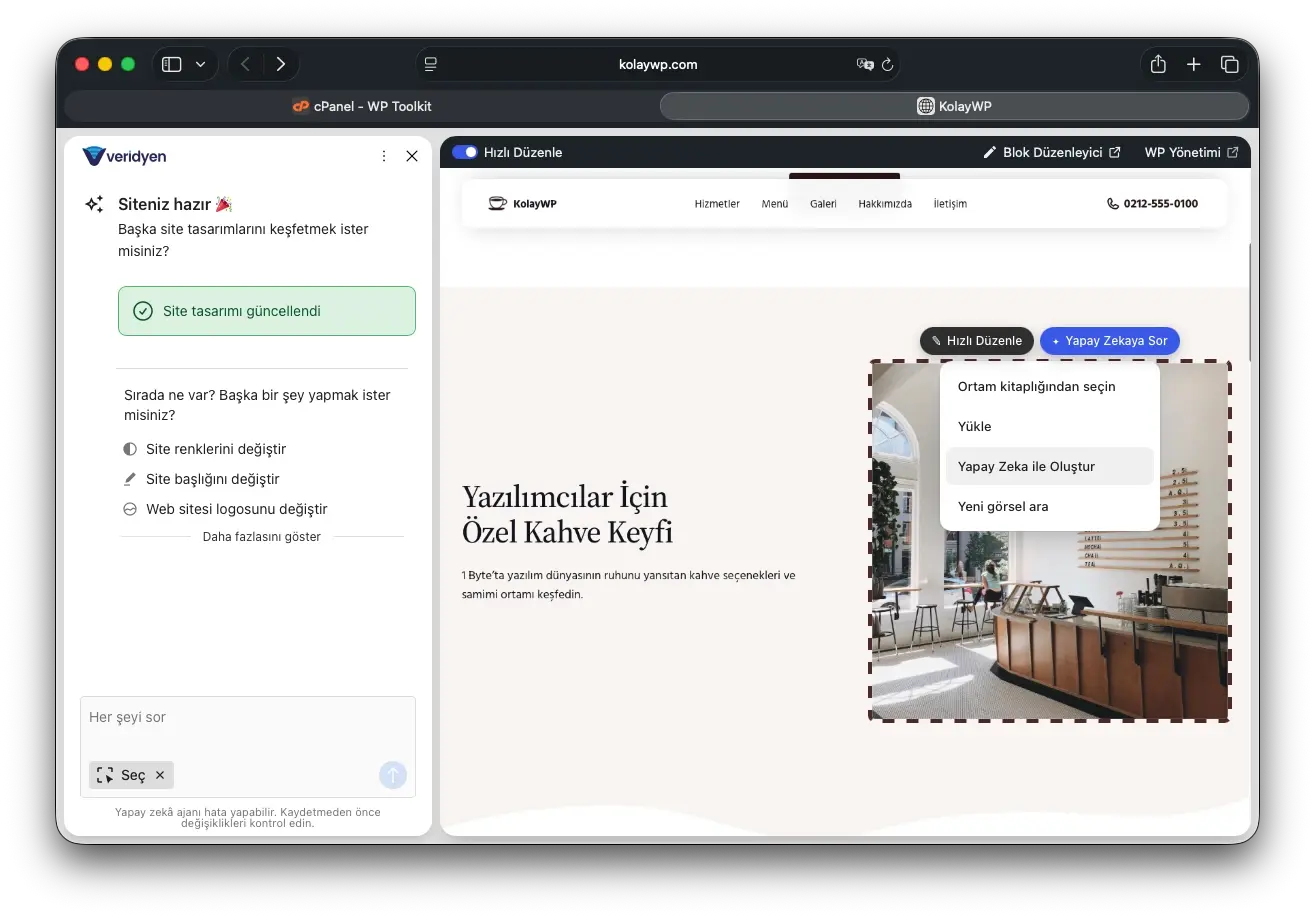 Site görseli üzerinde açılan menüde Yapay Zeka ile Oluştur seçeneği görünüyor